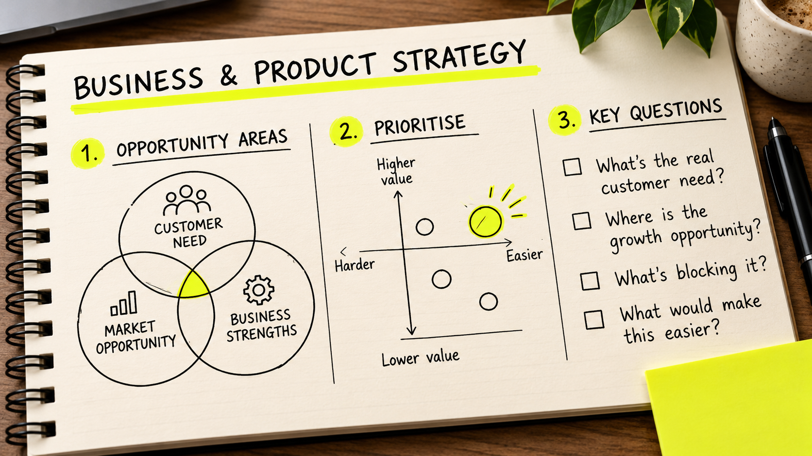 Hand-drawn business and product strategy notes showing opportunity areas, a value and effort matrix, key questions and next steps